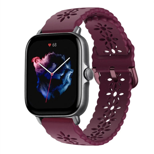 Patterned Silicone Strap, burgundy, on a watch, 3/4 front view