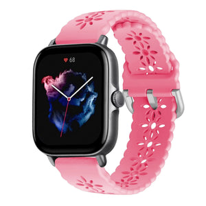 Patterned Silicone Strap, bright pink, on a watch, 3/4 front view