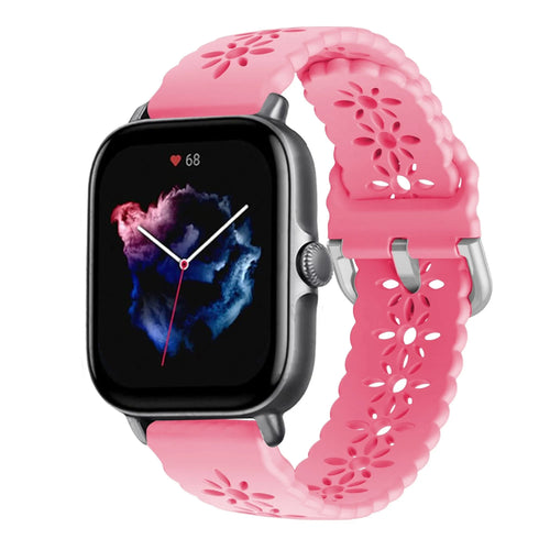 Patterned Silicone Strap, bright pink, on a watch, 3/4 front view