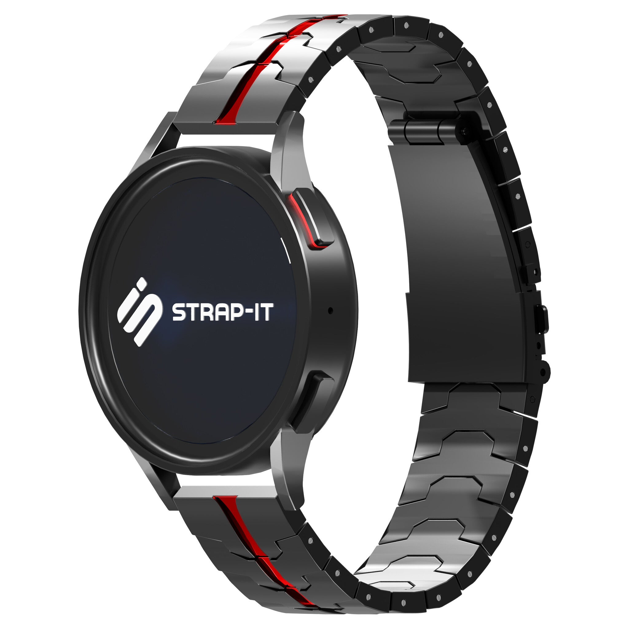 Steel Iron Strap, black/red, on a watch, 3/4 front view