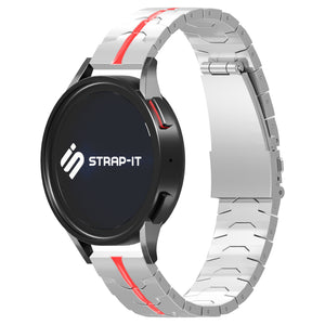 Steel Iron Strap, silver/red, on a watch, 3/4 front view