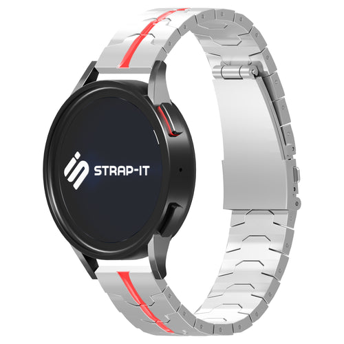 Steel Iron Strap, silver/red, on a watch, 3/4 front view