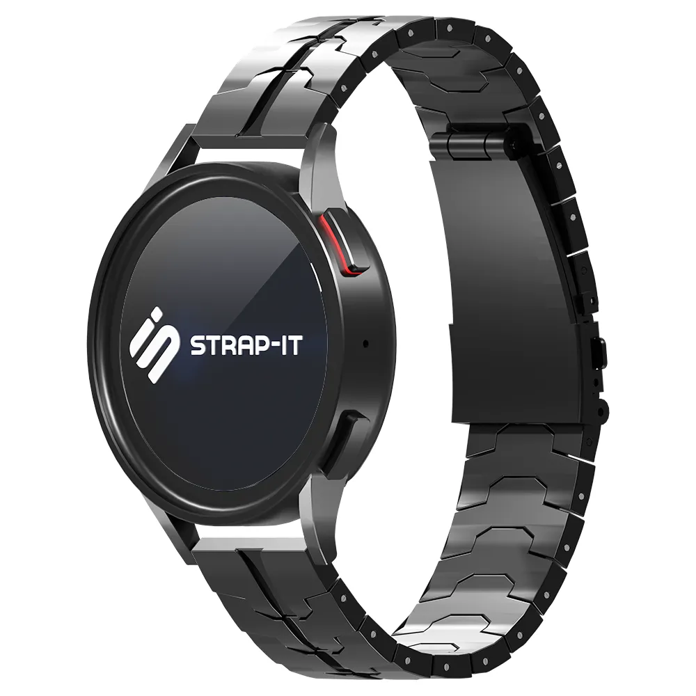 Steel Iron Strap, black, on a watch, 3/4 front view
