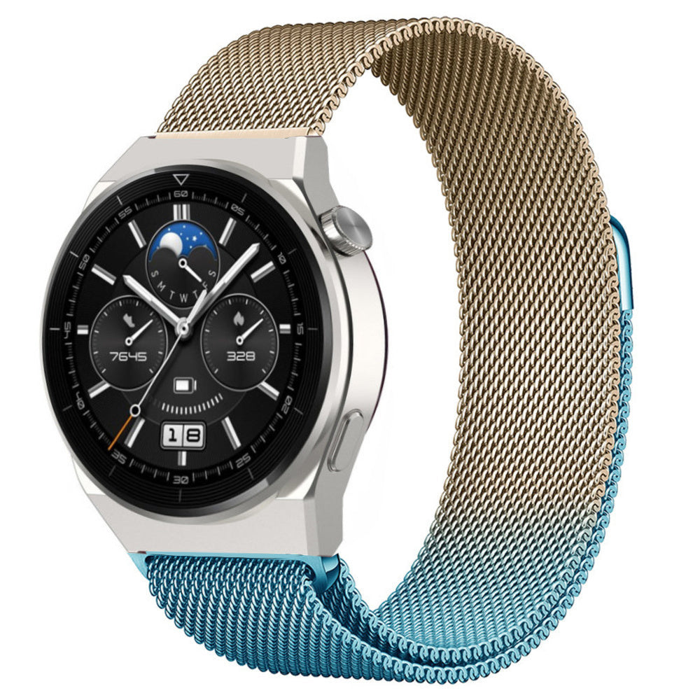 Milanese Strap, blue/gold, on a watch, 3/4 front view