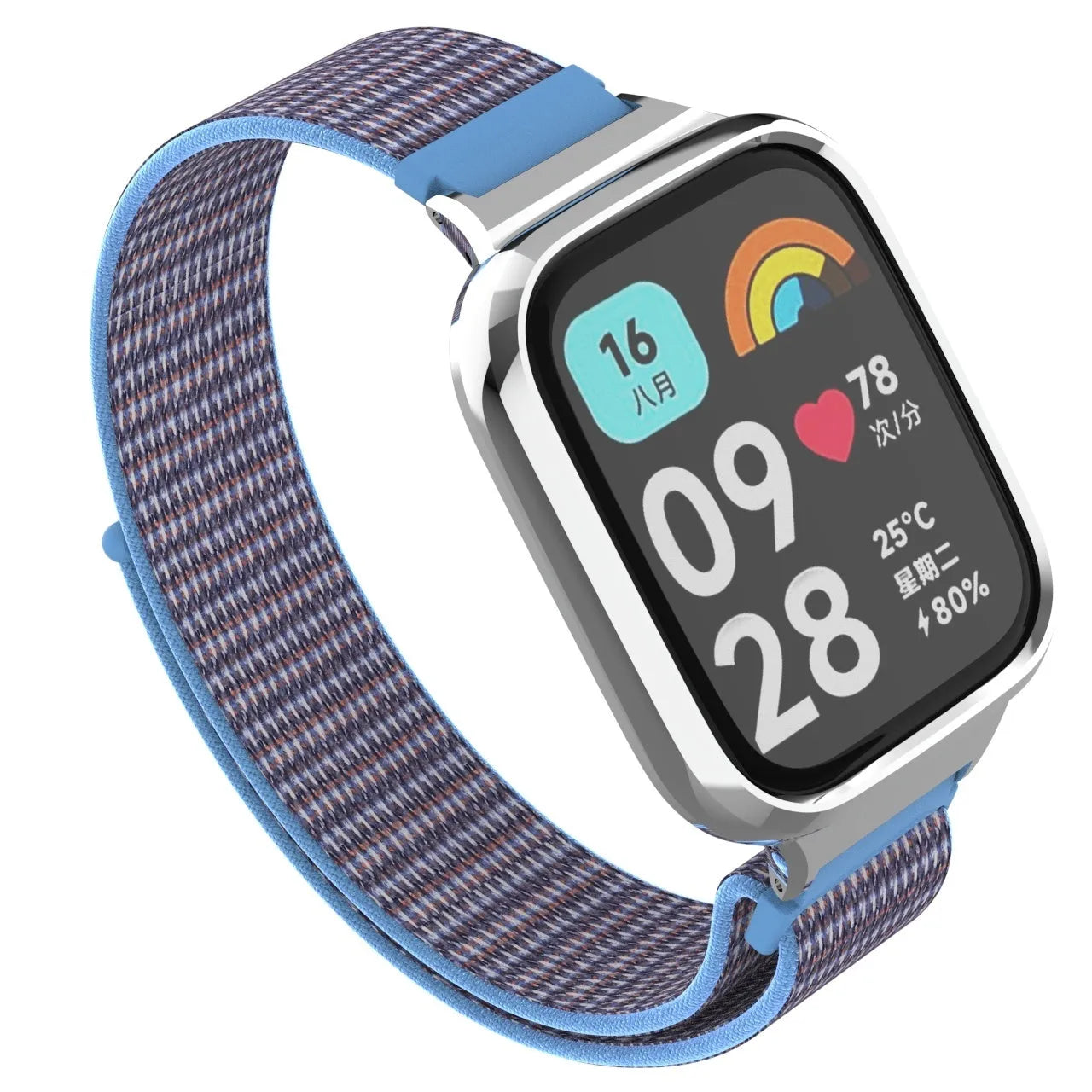 Nylon Strap, azure blue, on a watch, 3/4 front view