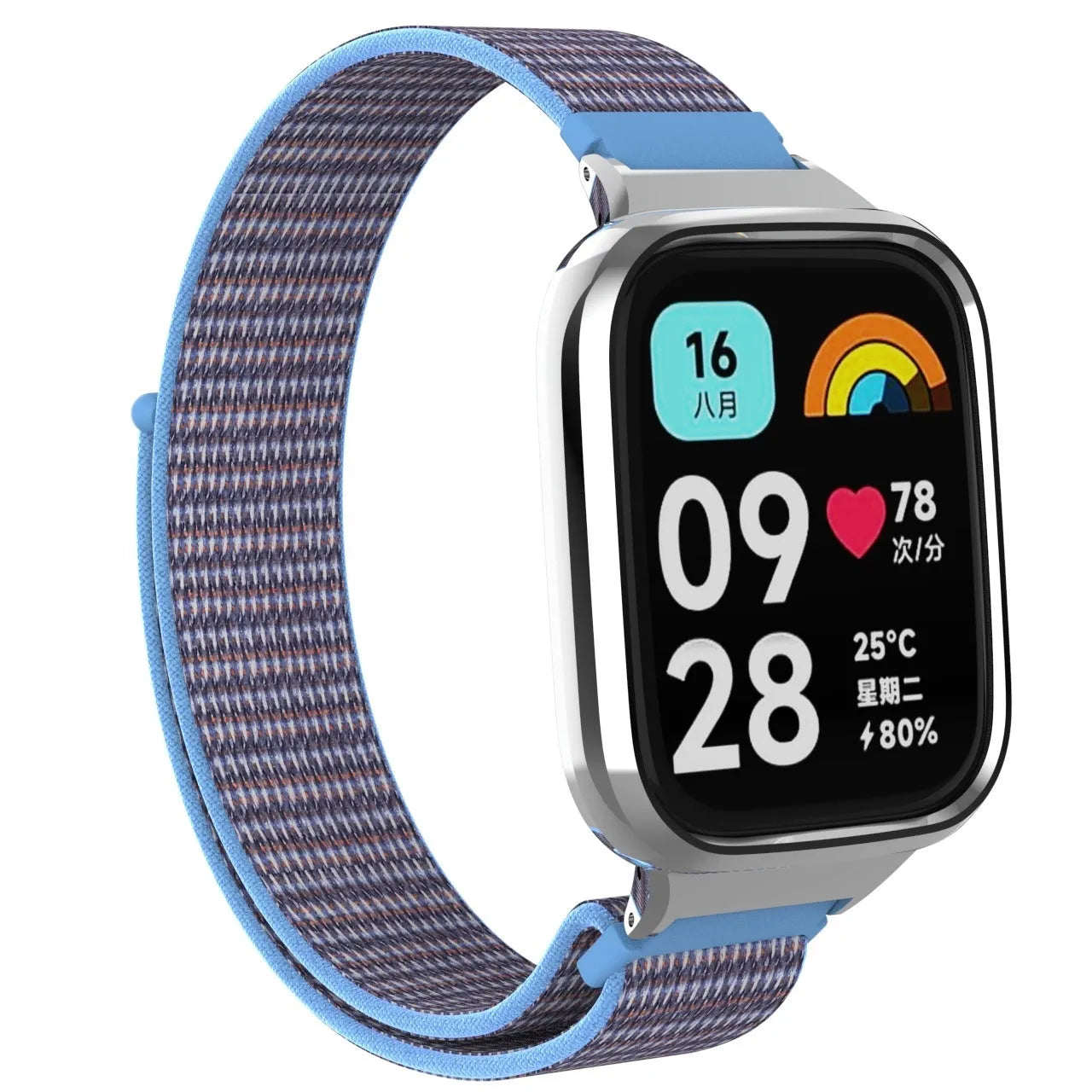 Nylon Strap, azure blue, on a watch, 3/4 front view