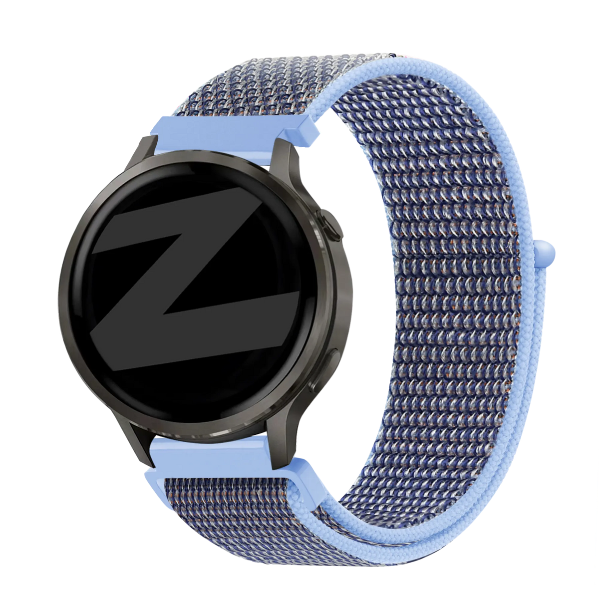 Nylon Loop Strap, azure blue, on a watch, 3/4 front view