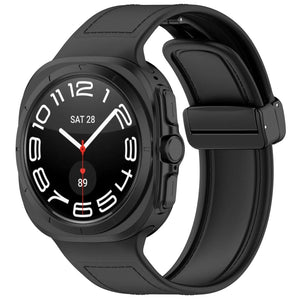 Leather Hybrid Strap, black, on a watch, 3/4 front view