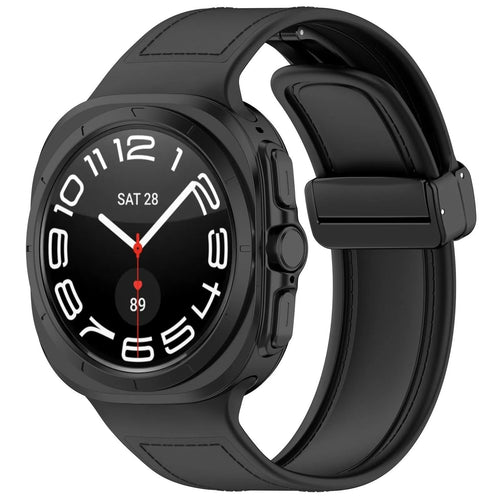 Leather Hybrid Strap, black, on a watch, 3/4 front view