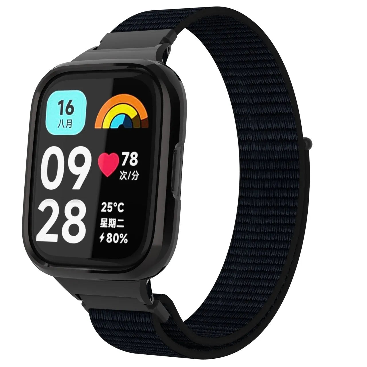 Nylon Strap, black, on a watch, 3/4 front view