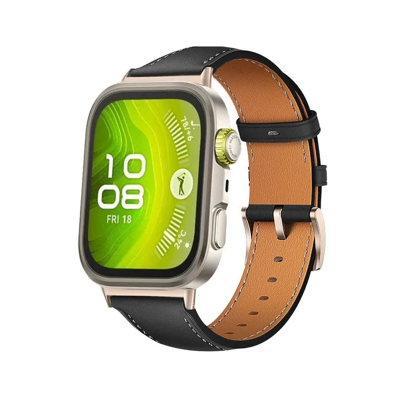 Leather Strap, black, on a watch, 3/4 front view