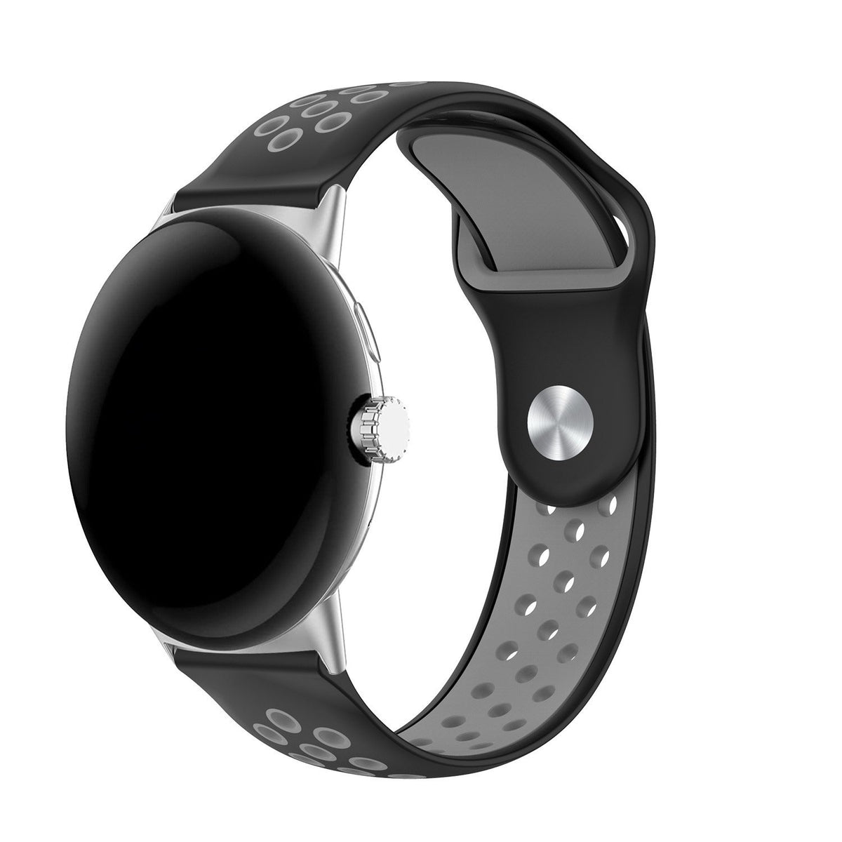 Silicone Sport Strap, black/grey, on a watch, 3/4 front view