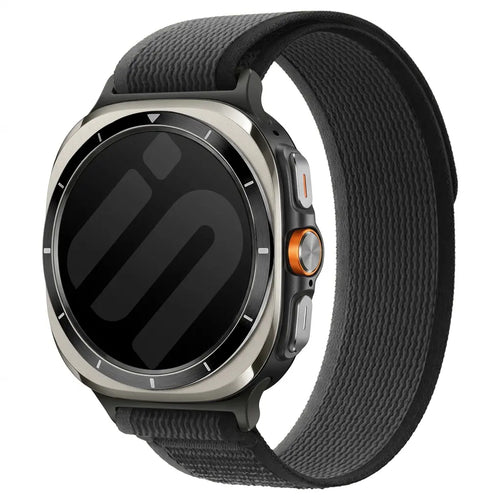 Trail Nylon Strap, black/grey, on a watch, 3/4 front view
