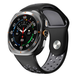 Silicone Sport Strap, black/grey, on a watch, 3/4 front view