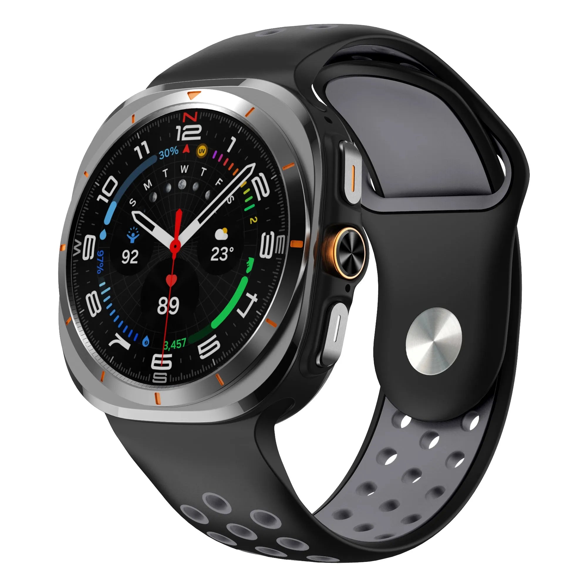 Silicone Sport Strap, black/grey, on a watch, 3/4 front view