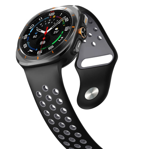 Silicone Sport Strap, black/grey, on a watch, 3/4 front view