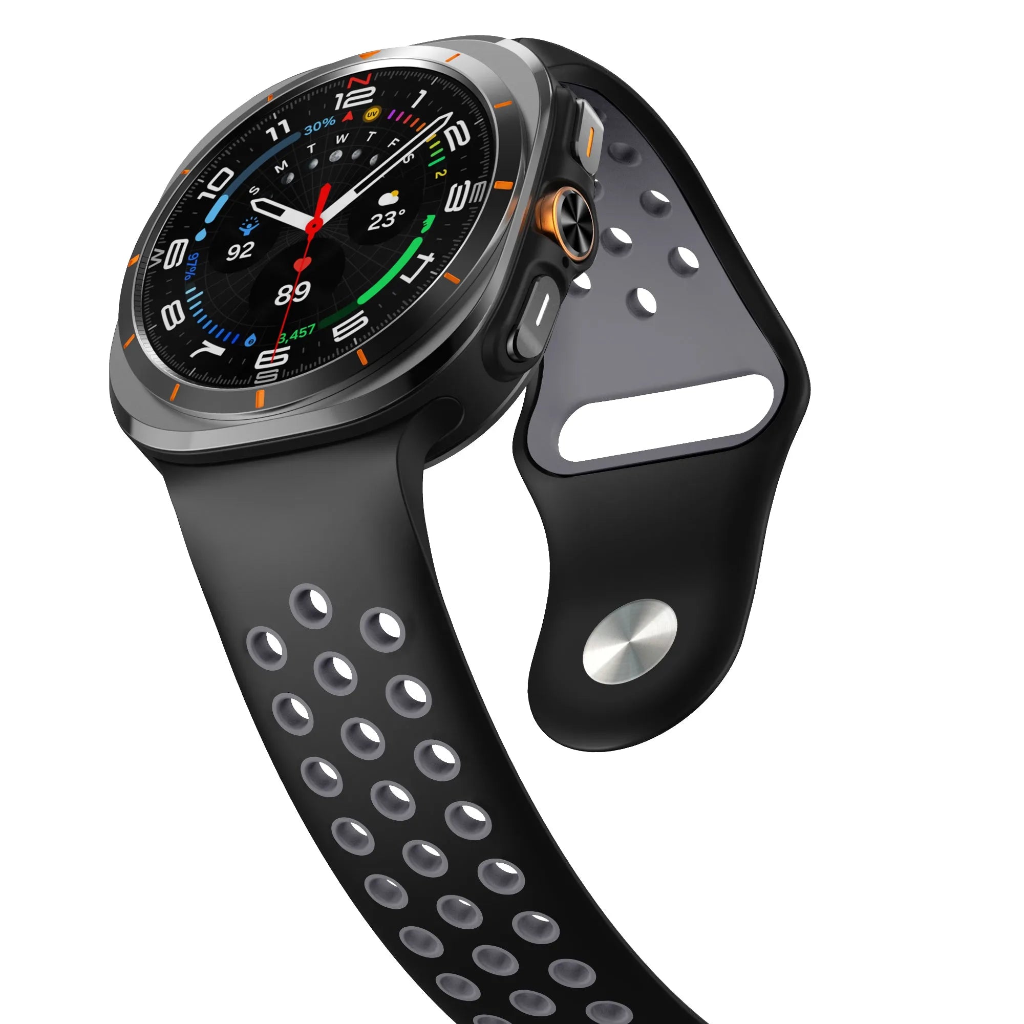 Silicone Sport Strap, black/grey, on a watch, 3/4 front view