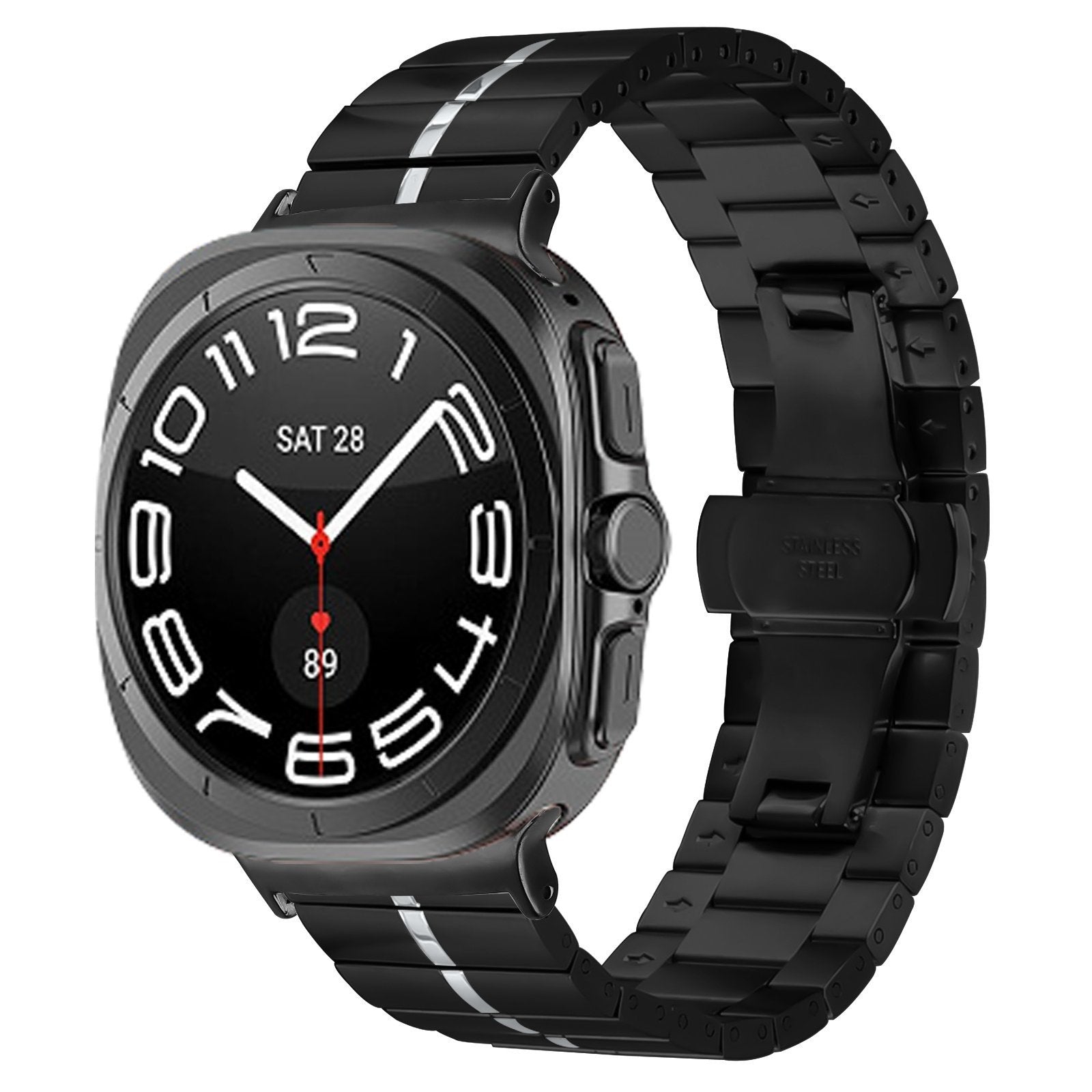 Premium Metal Strap, black/silver, on a watch, 3/4 front view