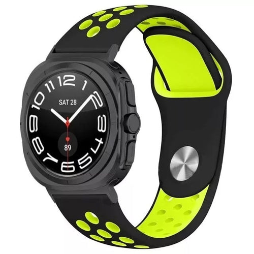 Silicone Sport Strap, black/yellow, on a watch, 3/4 front view