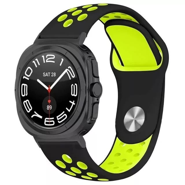 Silicone Sport Strap, black/yellow, on a watch, 3/4 front view