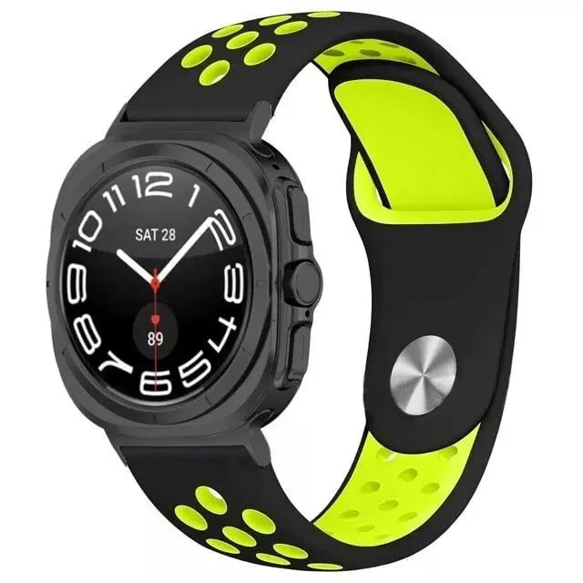 Silicone Sport Strap, black/yellow, on a watch, 3/4 front view