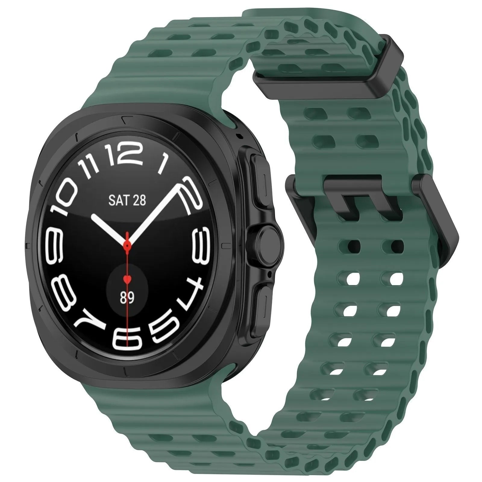 Silicone Ocean Strap, dark green, on a watch, 3/4 front view