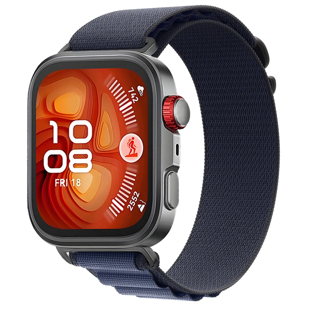 Alpine Nylon Strap, dark blue, on a watch, 3/4 front view