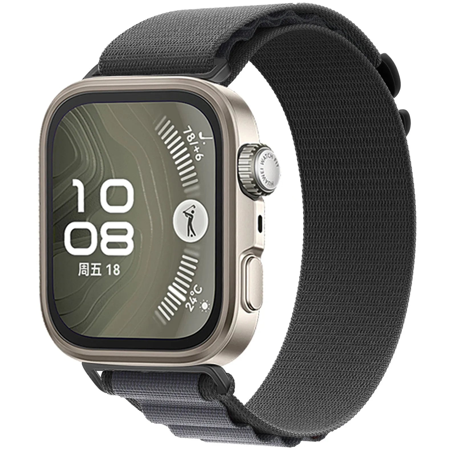 Alpine Nylon Strap, dark grey, on a watch, 3/4 front view