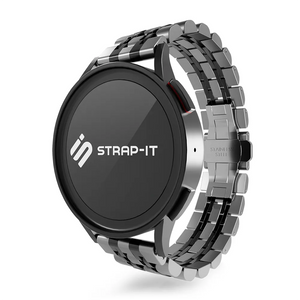 Steel Link Strap 'Duo', silver/black, on a watch, 3/4 front view