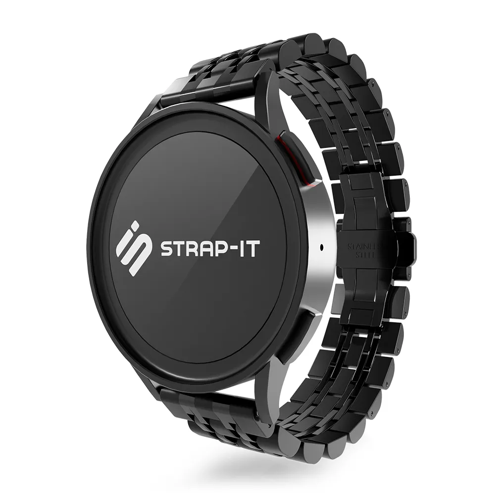Steel Link Strap 'Duo', black, on a watch, 3/4 front view