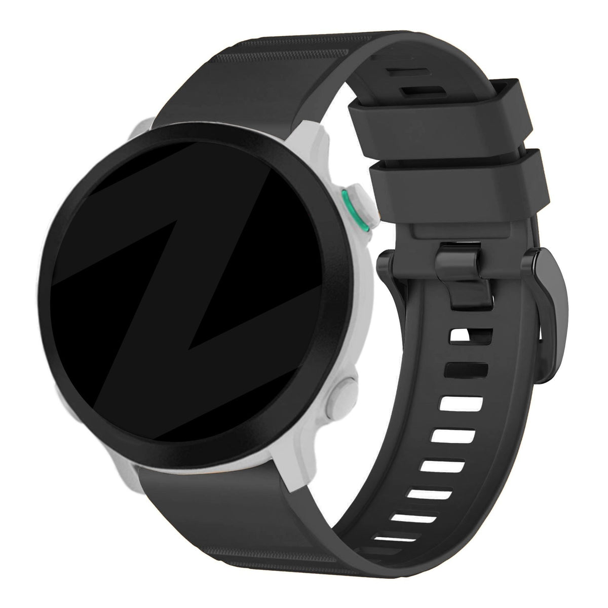 Buckled Silicone Strap, black, on a watch, 3/4 front view