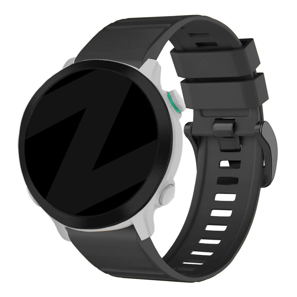 Buckled Silicone Strap, black, on a watch, 3/4 front view