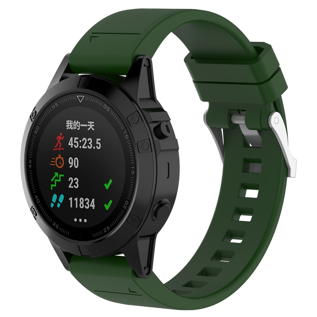 Glossy Silicone Strap, army green, on a watch, 3/4 front view