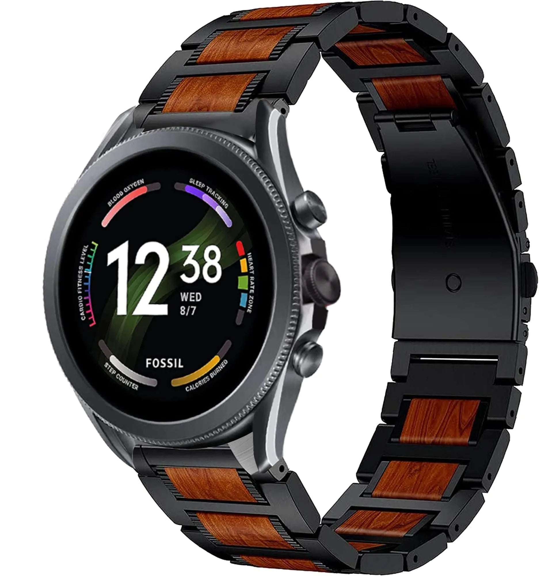 Wood Steel Strap, black, on a watch, 3/4 front view