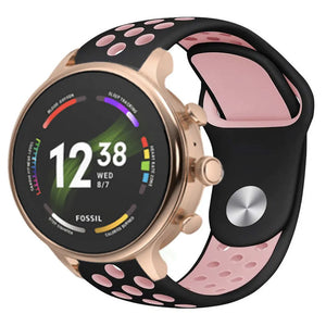 Silicone Sport Strap, black/pink, on a watch, 3/4 front view