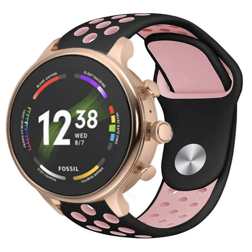 Silicone Sport Strap, black/pink, on a watch, 3/4 front view