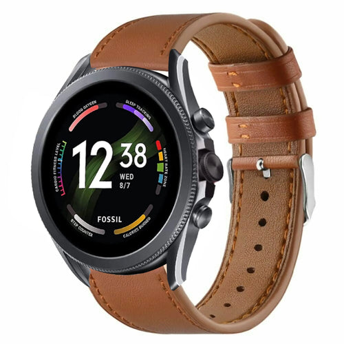 Modern Leather Strap, brown, on a watch, 3/4 front view
