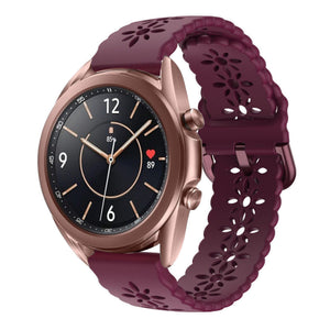 Patterned Silicone Strap, burgundy, on a watch, 3/4 front view