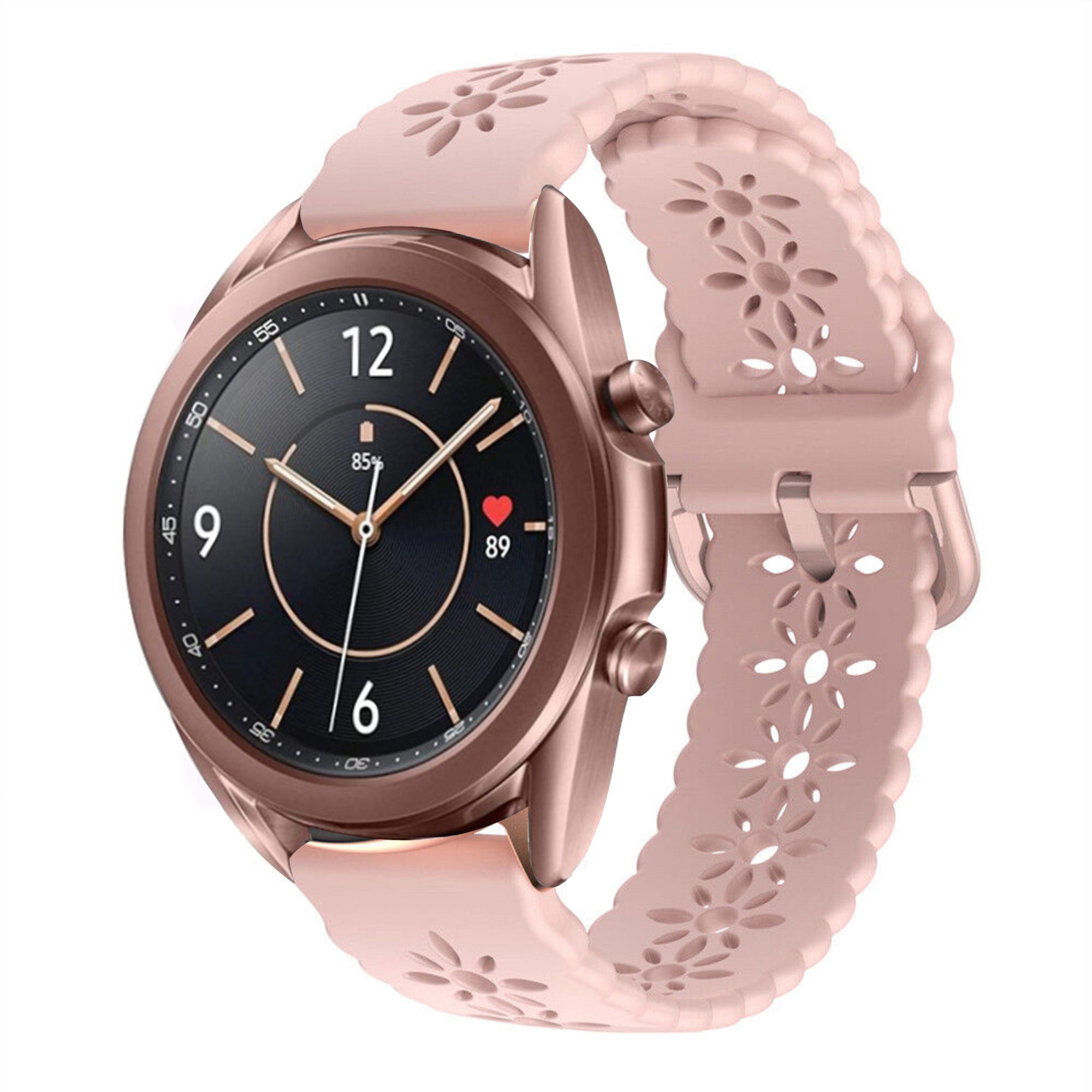 Patterned Silicone Strap, pink, on a watch, 3/4 front view
