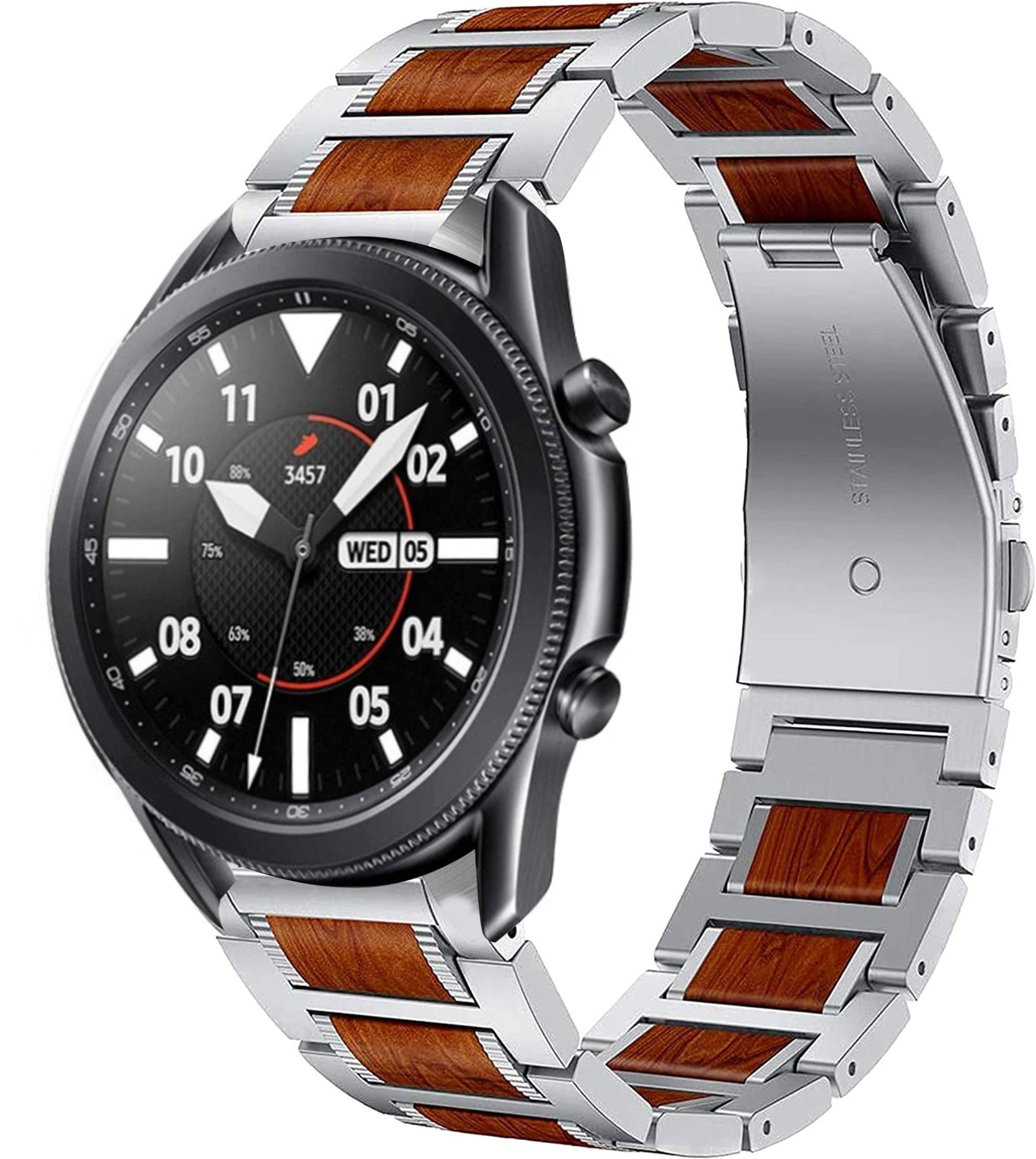 Wood Steel Strap, silver, on a watch, 3/4 front view
