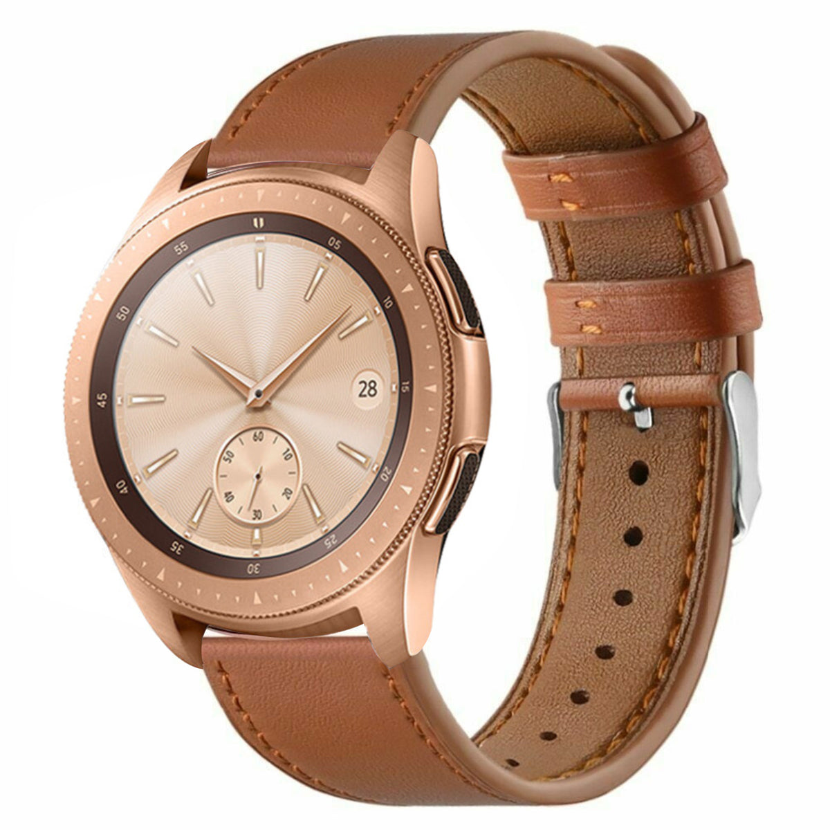 Modern Leather Strap, brown, on a watch, 3/4 front view
