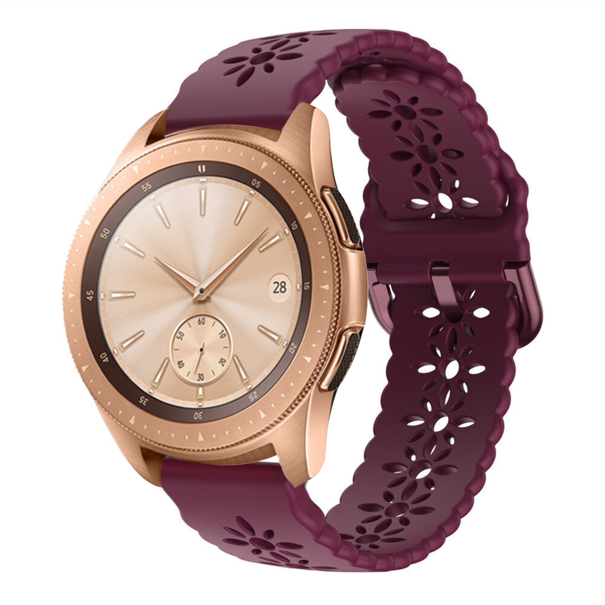 Patterned Silicone Strap, burgundy, on a watch, 3/4 front view