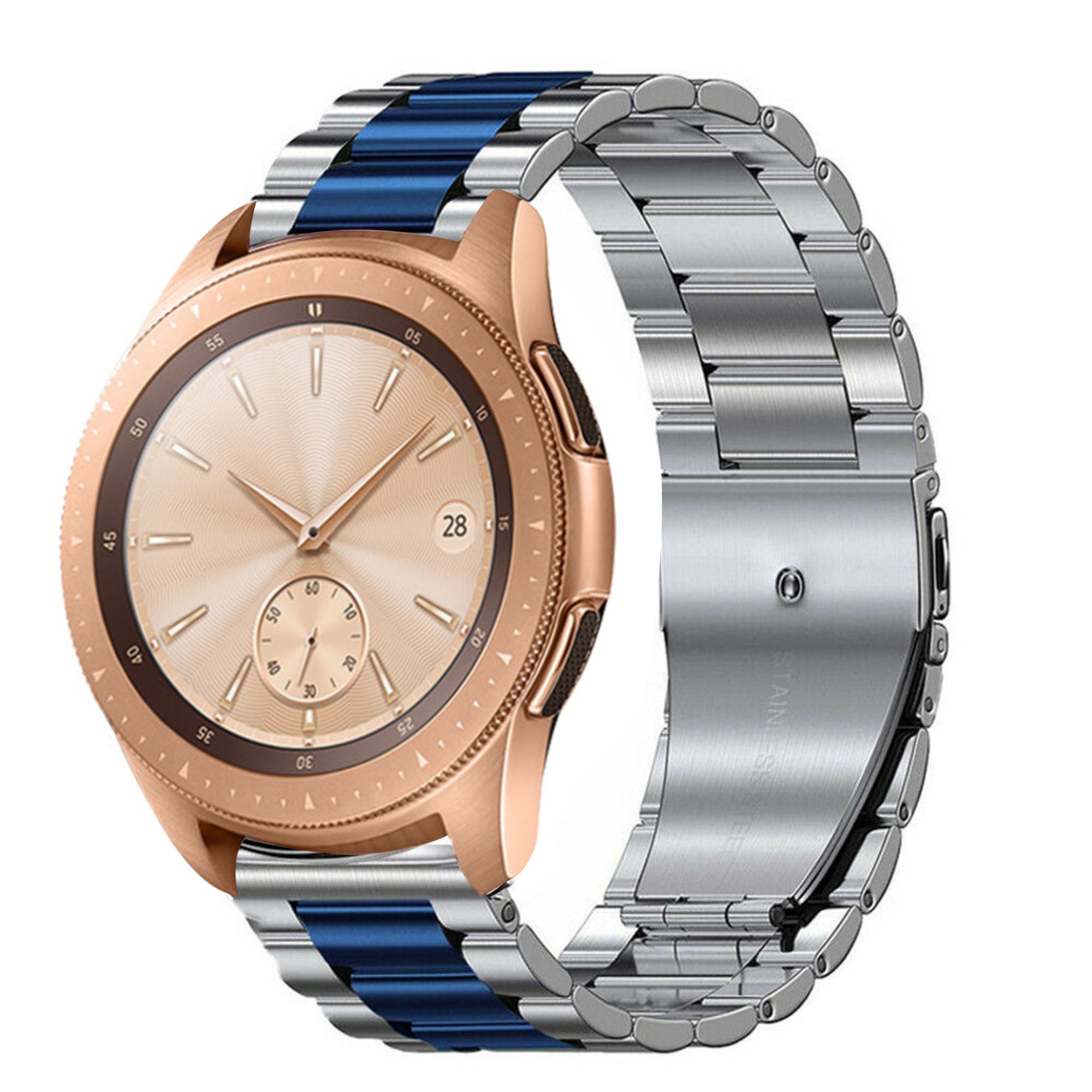 Steel Strap, silver/blue, on a watch, 3/4 front view