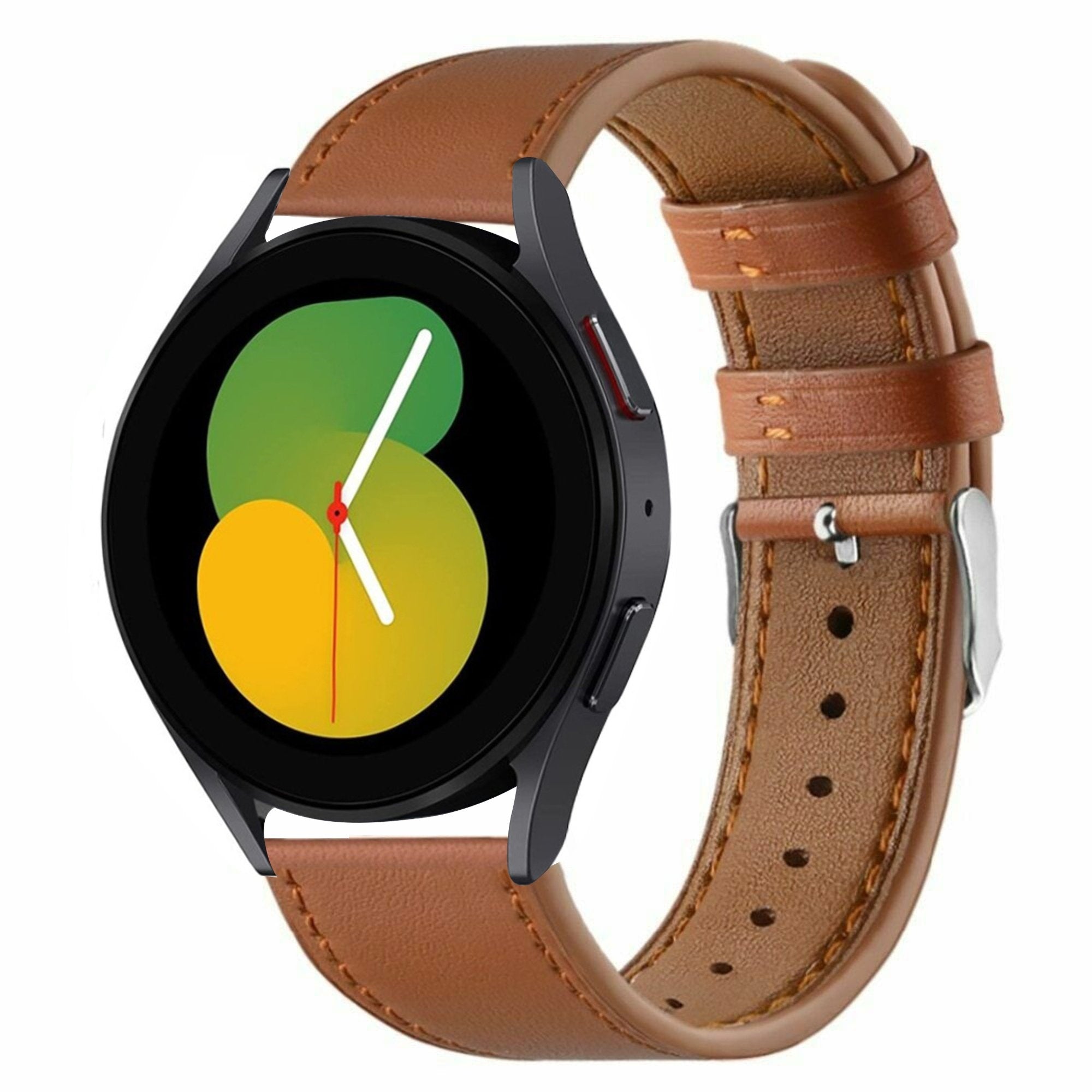 Modern Leather Strap, brown, on a watch, 3/4 front view