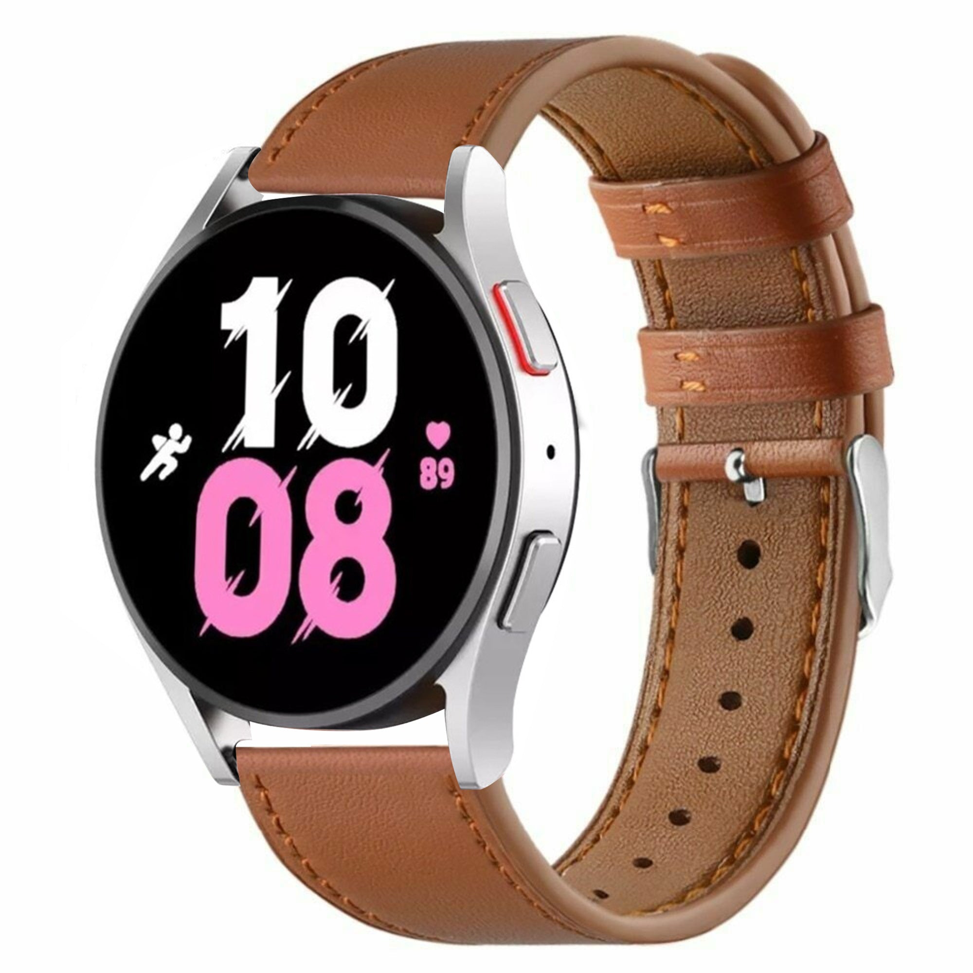 Modern Leather Strap, brown, on a watch, 3/4 front view