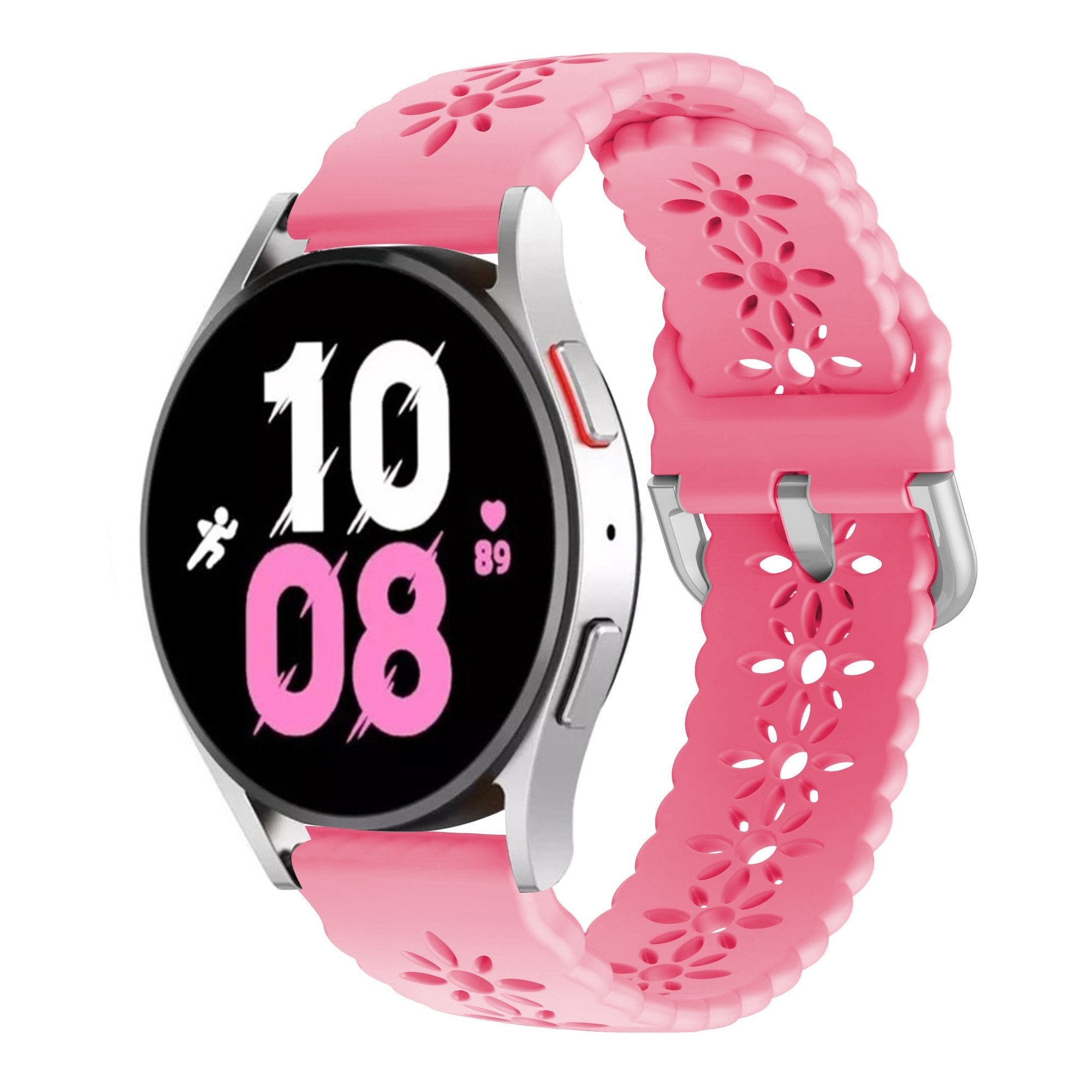 Patterned Silicone Strap, bright pink, on a watch, 3/4 front view