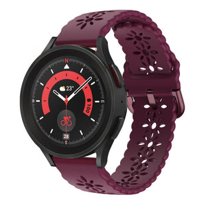 Patterned Silicone Strap, burgundy, on a watch, 3/4 front view