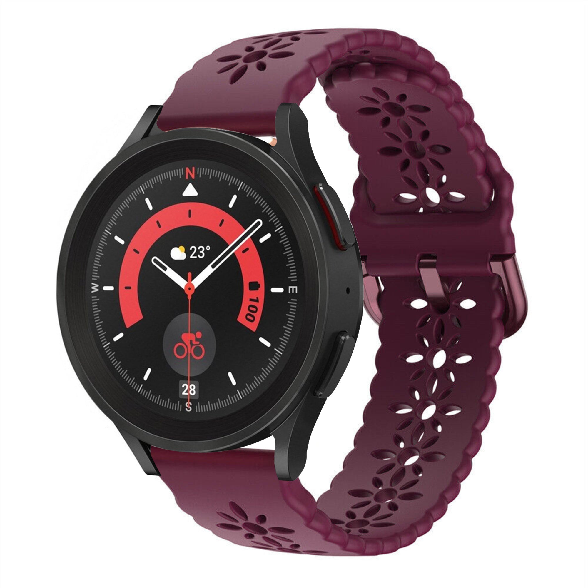 Patterned Silicone Strap, burgundy, on a watch, 3/4 front view