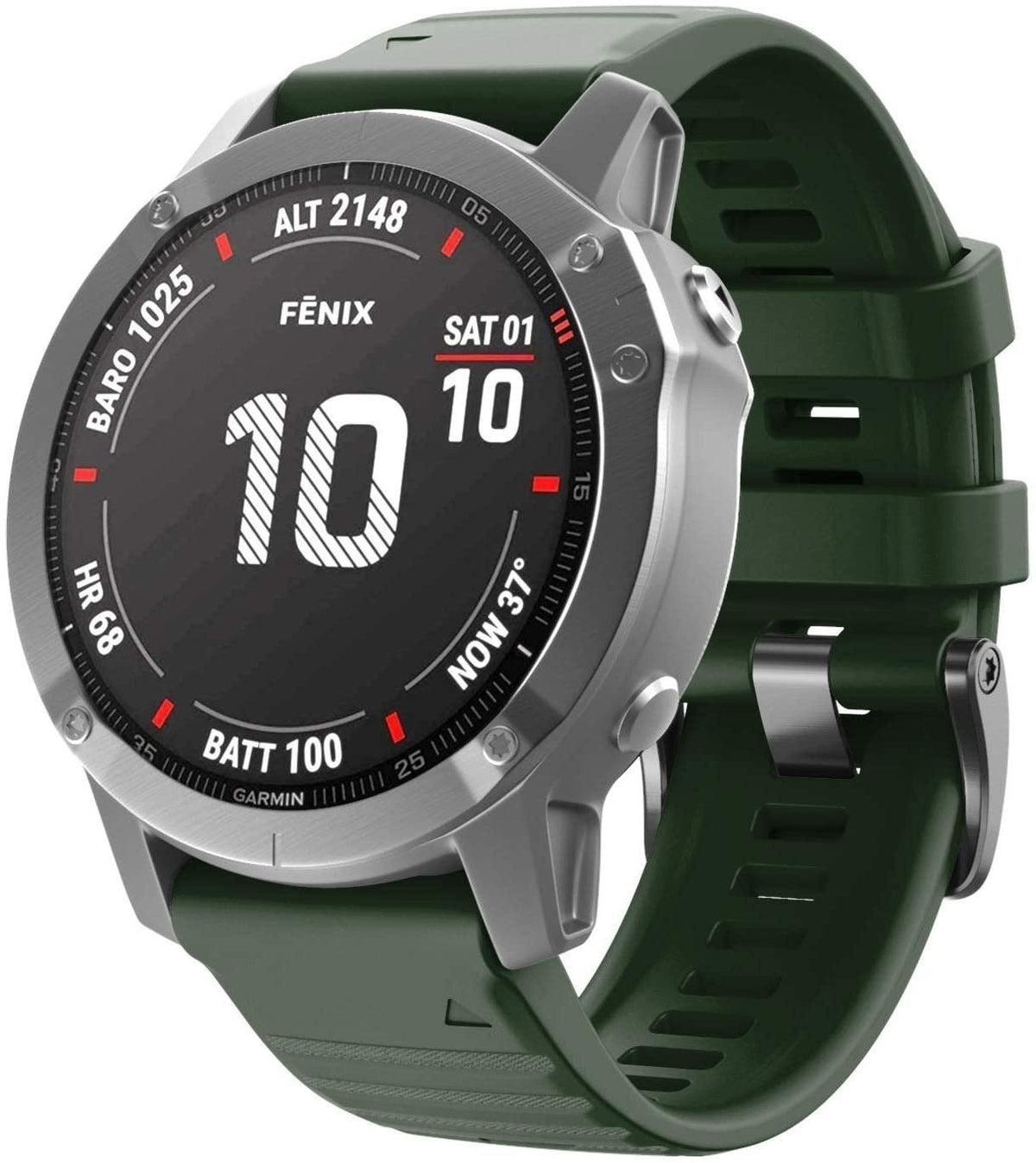 Silicone Strap, dark green, on a watch, 3/4 front view