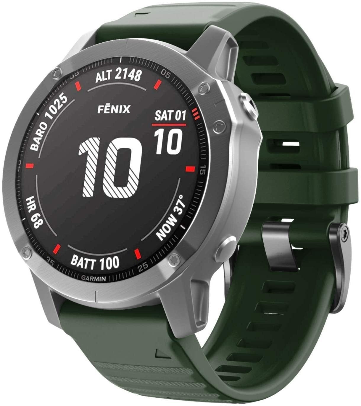 Silicone Strap, dark green, on a watch, 3/4 front view